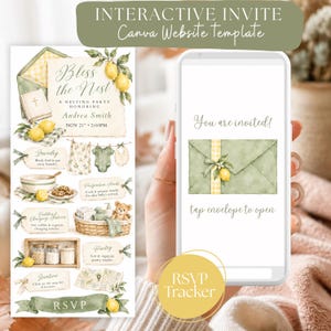 Peut inclure: Un modèle d'invitation numérique pour fête prénatale avec des illustrations aquarelles de citrons et de verdure. Le design inclut des textes comme Bless the Nest, You are invited et RSVP Tracker, ainsi que des icônes d'articles de bébé.