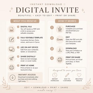 May include: A digital invite template with instructions. The design includes the text "DIGITAL INVITE" and details on what you receive, how it works, and instant access. The template is easy to edit, print, or share.