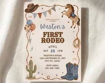 First Rodeo Invitation Boy | Cowboy Birthday Invite  Western 1st Birthday Party Rustic Rodeo Birthday Printable Editable My First Rodeo