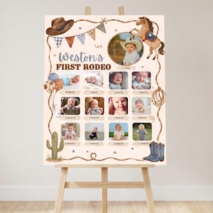 May include: A milestone birthday poster titled Weston's FIRST RODEO featuring a cowboy hat, a horse, a cactus, and blue boots. The board displays twelve square photo frames documenting a child's growth from newborn to eleven months.