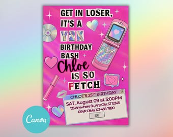 Y2K Birthday BashInvitation Editable Template • Pink Glitter Digital Download • Mean Girls Party Invite • Flip Phone Canva Invite Instant