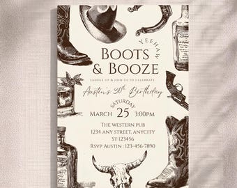 Boots & Booze Western Birthday Invitation, Editable Canva Adult Cowboy Party Invite, Rustic Country 30th 40th 50th Birthday