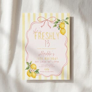 She’s Freshly 13 Birthday Invitation Template, Lemon Birthday Invite, Citrus Teen Birthday Party, Pink Bow Invitation, Editable Canva