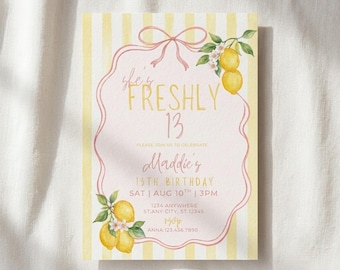 Plantilla de invitación de cumpleaños "She's Freshly 13", invitación de cumpleaños de limón, fiesta de cumpleaños adolescente cítrica, invitación con lazo rosa, editable en Canva
