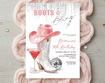 Boots & Bling Birthday Invitation, Western Pink Cowgirl Disco Party, Editable Silver Disco Cowgirl Digital 21st 30th 40th Adult Birthday