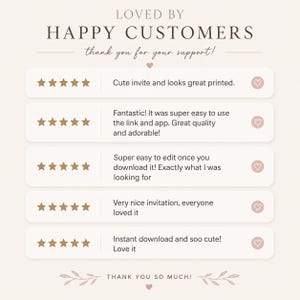 Puede incluir: Un gr&aacute;fico de rese&ntilde;as de clientes con el texto LOVED BY HAPPY CUSTOMERS y thank you for your support. Muestra cinco filas de cinco estrellas doradas seguidas de testimonios sobre una invitaci&oacute;n, terminando con THANK YOU SO MUCH.