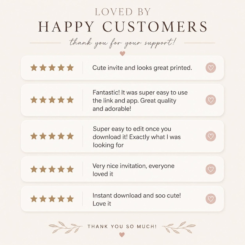 Puede incluir: Un gr&aacute;fico de rese&ntilde;as de clientes con el texto LOVED BY HAPPY CUSTOMERS y thank you for your support. Muestra cinco filas de cinco estrellas doradas seguidas de testimonios sobre una invitaci&oacute;n, terminando con THANK YOU SO MUCH.