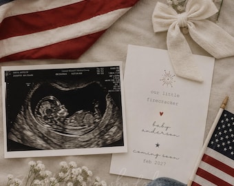 4th of July Pregnancy Announcement Template, Our Little Firecracker Baby, Editable Canva Ultrasound Reveal, Patriotic Pregnancy Announcement