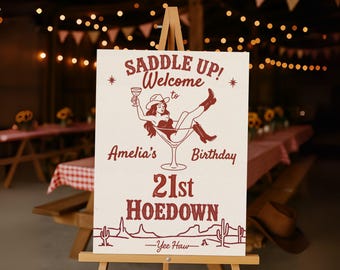 Editable 21st Birthday Welcome Sign - Saddle Up Cowgirl Hoedown - Western Party Printable - Canva Template