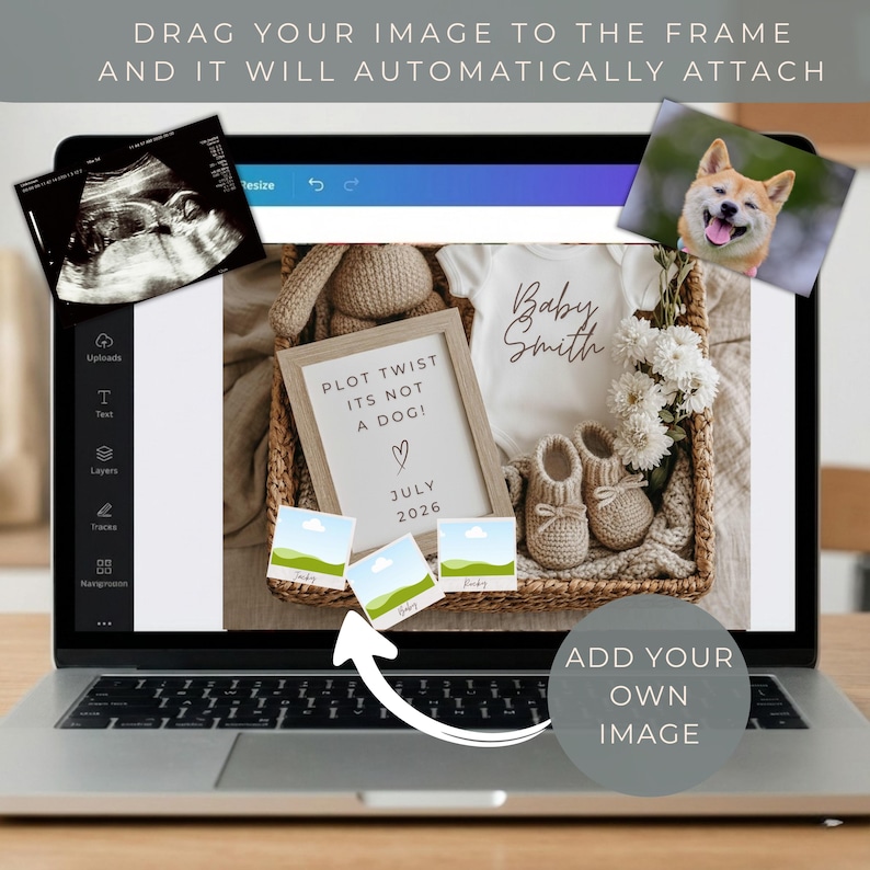 Puede incluir: Una pantalla de port&aacute;til muestra un dise&ntilde;o de anuncio de beb&eacute;. El dise&ntilde;o incluye un letrero enmarcado que dice "PLOT TWIST ITS NOT A DOG!" con "JULY 2026" debajo. Tambi&eacute;n se ve un body blanco con "Baby Smith", junto con zapatos de beb&eacute; y flores.