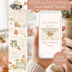 Puede incluir: Una plantilla de invitación digital interactiva para baby shower con un sobre de cuadros verdes, ilustraciones de calabazas y hojas de otoño. La pantalla muestra el texto You are invited, 09.10.26 y Tap envelope to open.