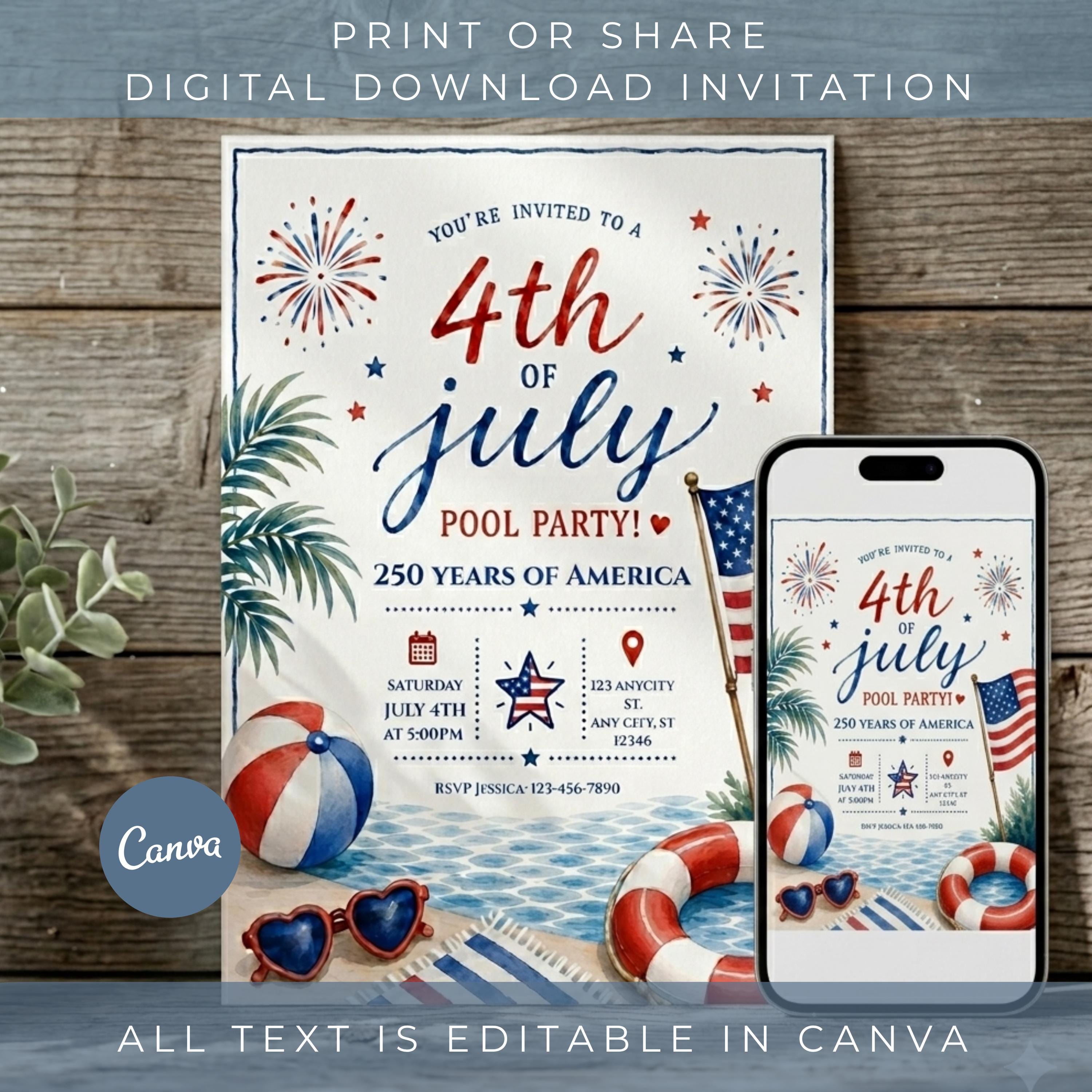 4th of July Pool Party Invitation Template, Patriotic Summer Party ...