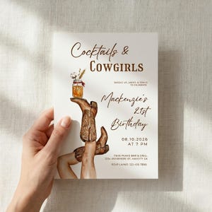 May include: A party invitation with the text "Cocktails & Cowgirls" and "Mackenzie's 21st Birthday". The invitation features a watercolor illustration of cowboy boots, a jar with flowers, and event details. The invitation is held by a hand.