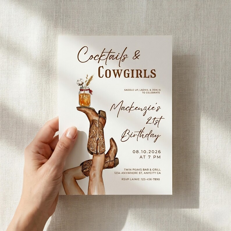 May include: A party invitation with the text "Cocktails & Cowgirls" and "Mackenzie's 21st Birthday". The invitation features a watercolor illustration of cowboy boots, a jar with flowers, and event details. The invitation is held by a hand.