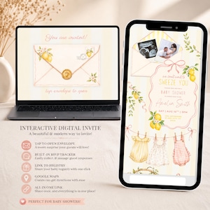May include: A laptop and smartphone displaying a digital baby shower invitation with a lemon theme. The screen shows an envelope with a wax seal, baby clothes on a clothesline, ultrasound photos, and text reading We can't wait to Squeeze You.