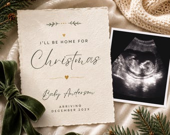 Christmas Pregnancy Announcement Template, I’ll Be Home for Christmas Baby Announcement, Editable Canva Ultrasound Reveal