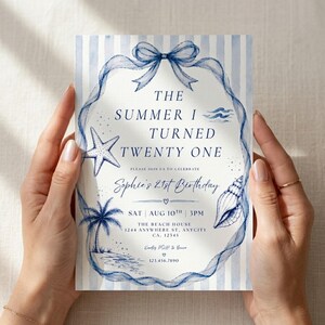 Plantilla de invitación para el verano en que cumplí veintiún años, invitación de cumpleaños número 21 con temática costera, invitación de cumpleaños en la playa, plantilla de cumpleaños editable en Canva. imagen 3