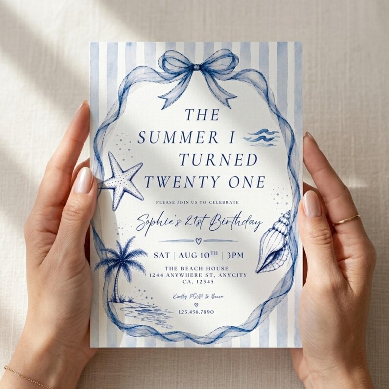 Plantilla de invitación para el verano en que cumplí veintiún años, invitación de cumpleaños número 21 con temática costera, invitación de cumpleaños en la playa, plantilla de cumpleaños editable en Canva. imagen 3