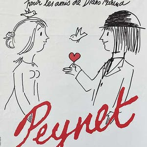 Könnte beinhalten: Plakat mit einer Schwarz-Weiß-Illustration eines Paares und einem roten Herzen. Das Wort "Peynet" ist in roter Schrift. Der Text enthält "COMUNE DI DIANO MARINA" und Daten von 1995 bis 1996.