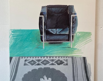 May include: A poster featuring a black armchair with silver frame, set against a turquoise and gray background. The poster includes the text "DAVID HOCKNEY AT ANDRE EMMERICH APRIL 26-MAY 15, 1969 41 EAST 57 NEW YORK."