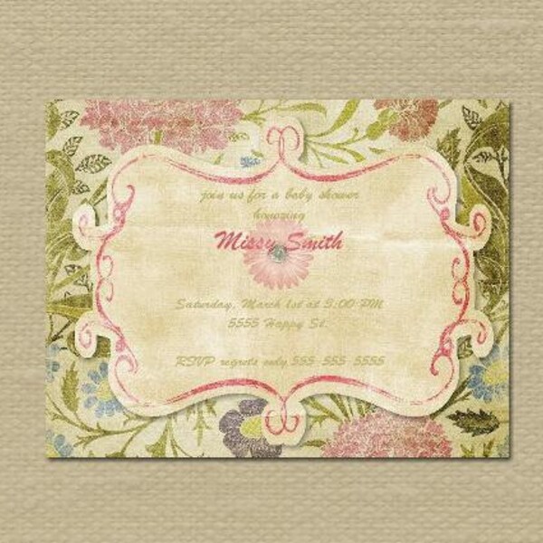 Custom Invitations, Baby or Bridal Shower, Digital Print, Pink Green Floral