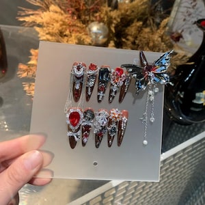 Gothic Crimson Butterfly Press-On Nail Set | 3D Chains & Dark Jewel Accents