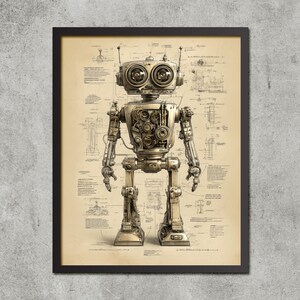 以下が含まれることがあります： ヴィンテージロボットのイラストの額入りプリント。 歯車や機械部品が見えるロボットが、設計図の背景に配置されています。 アートワークはベージュ、ブラウン、メタリックシルバーの色調で、黒いフレームに入っています。