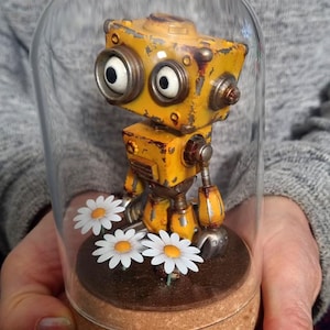 Peut inclure: Une figurine de robot jaune fantaisiste avec de grands yeux expressifs, enfermée dans un dôme en verre. Le robot a une esthétique vintage et vieillie, et est accompagné de trois marguerites blanches à cœur jaune. La base est en liège.