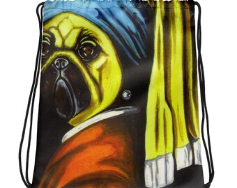 Pug w/a Pearl Earring Drawstring bag