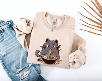 Noodle Cat Sweatshirt sweat, Cute Cat sweat, Ramen Cat Sweatshirt, Cat Mom sweat,  Cat Lover sweat, Animal Lover Gift, Ramen Sweatshirt