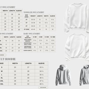 three different sizes and styles of sweatshirts and hoodies, including an adult sweatshirt, a toddler sweatshirt, and an adult hoodie.