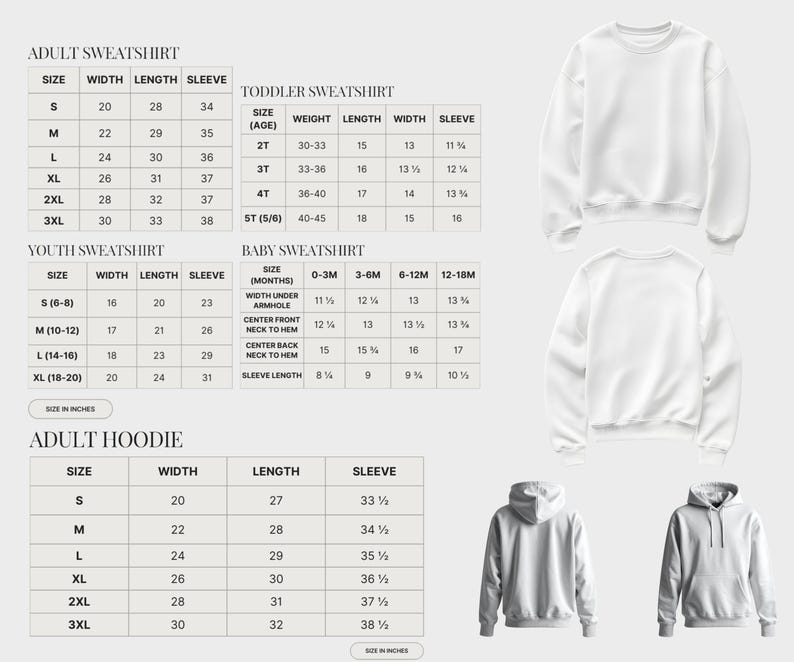 three different sizes and styles of sweatshirts and hoodies, including an adult sweatshirt, a toddler sweatshirt, and an adult hoodie.