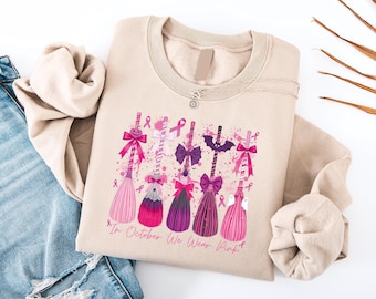 In October We Wear Pink Sweatshirt, Breast Cancer Awareness Shirt, Retro Pink Ghost Halloween Sweatshirt, Breast Cancer Sweatshirt