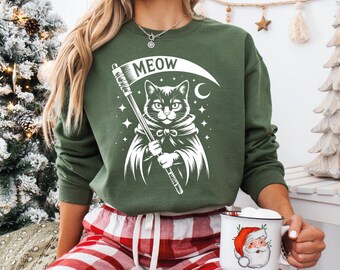 Comfort Colors® Grim Reaper Cat Sweatshirt, Funny Black Cat Shirt, Dark Humor Tee, Unique Men Shirt, Weird Kitten Saying Tee, Halloween Top