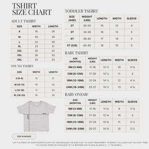 The image is a size chart for toddler shirts, including both adult and youth shirts, as well as a baby onesie. The chart provides measurements for different age groups and sizes, such as height, weight, and sleeve length.