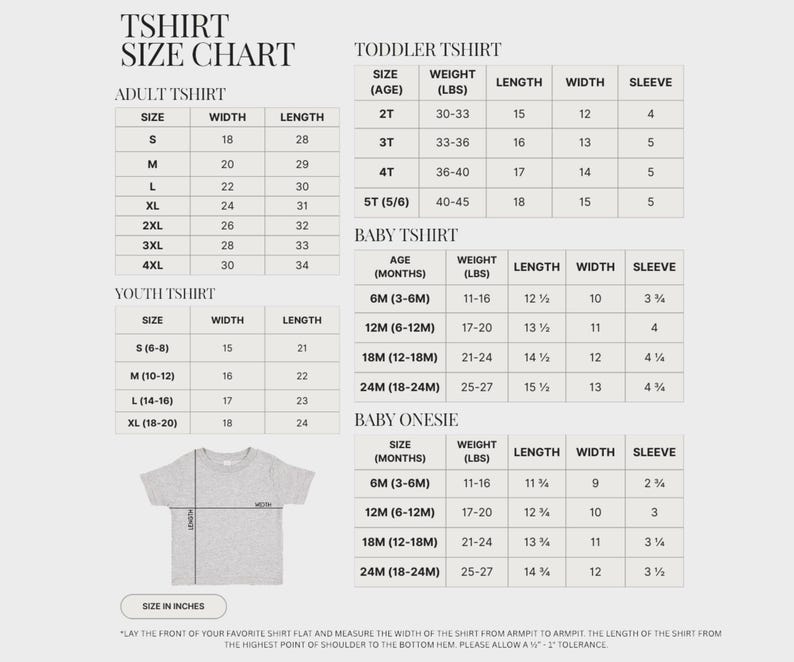 The image is a size chart for toddler shirts, including both adult and youth shirts, as well as a baby onesie. The chart provides measurements for different age groups and sizes, such as height, weight, and sleeve length.