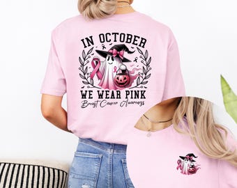 In October We Wear Pink Shirt, Breast Cancer Awareness Tee, Retro Pink Ghost Halloween Graphic T-Shirt, Breast Cancer Tee