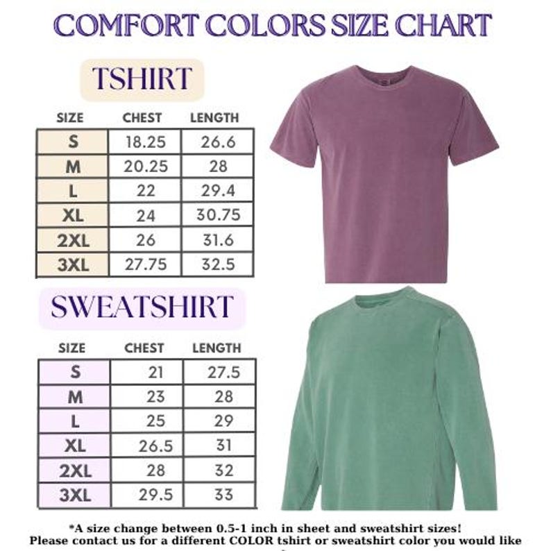 The image is a color size chart for a T-shirt and a sweatshirt, providing the sizes and corresponding measurements for each type of garment.