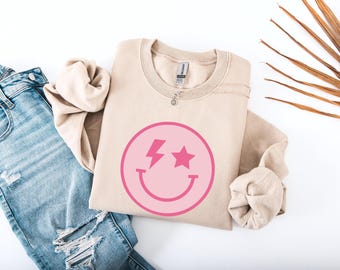 Retro Smile Face Sweatshirt sweat, Pink Smile Face Sweatshirt, Pink Lover Sweatshirt, Cute Smile Face sweat, Gift for Her