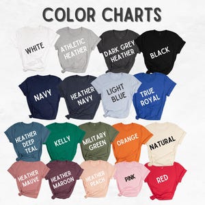 a collection of t-shirts in various colors and styles, arranged in a grid-like pattern.