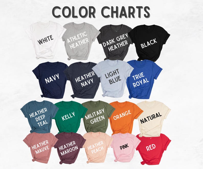 a collection of t-shirts in various colors and styles, arranged in a grid-like pattern.