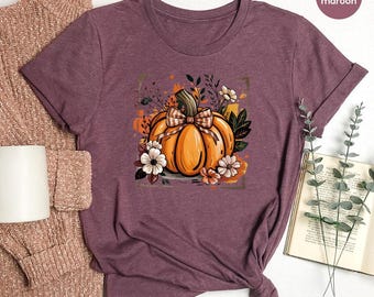 Floral Fall Pumpkin Shirt, Boho Pumpkin Tee, Vintage Autumn Shirt, Retro Halloween Flowers Tee, Pumpkin Spice Fall Shirt