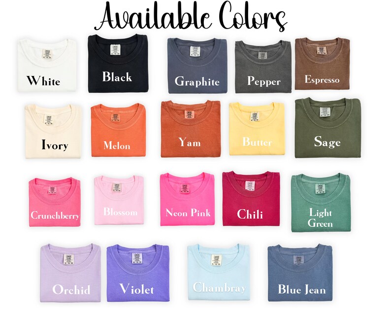 a collection of colorful t-shirts, each with a different color and design, arranged in a grid-like pattern.