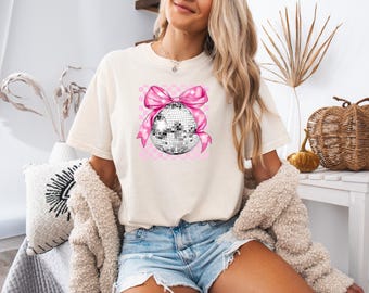 Comfort Colors Pink  Disco Ball Birthday Shirt, Birthday Shirt, Birthday Party Shirt, Pink Bow Shirt, Disco Ball Shirt, Sparkle Shirt