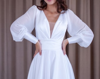 V-neck White Chiffon Maxi Dress With Long Sleeves - Ideal for Wedding - Etsy