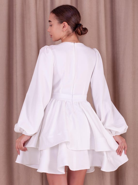 lantern sleeve cocktail dress White Fit & Flare V-Neck with Long Sleeves and Empire Waist for Wedding Guest or Birthday Party Unique Wedding Dresses Unique Canada Wedding Dresses Ladies dresses the sheath silhouette flatters Color:Blue as Pictures
