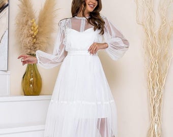 White A-Line Midi Dress with Sheer Sleevese