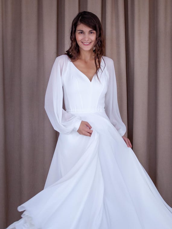 V-neck White Chiffon Maxi Dress With Long Sleeves - Ideal for Wedding - Etsy