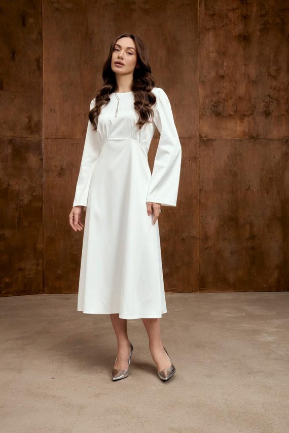 white empire waist midi dress White Satin Midi Cocktail Dress With Empire Waist and Bell Sleeves for  Formal Occasions