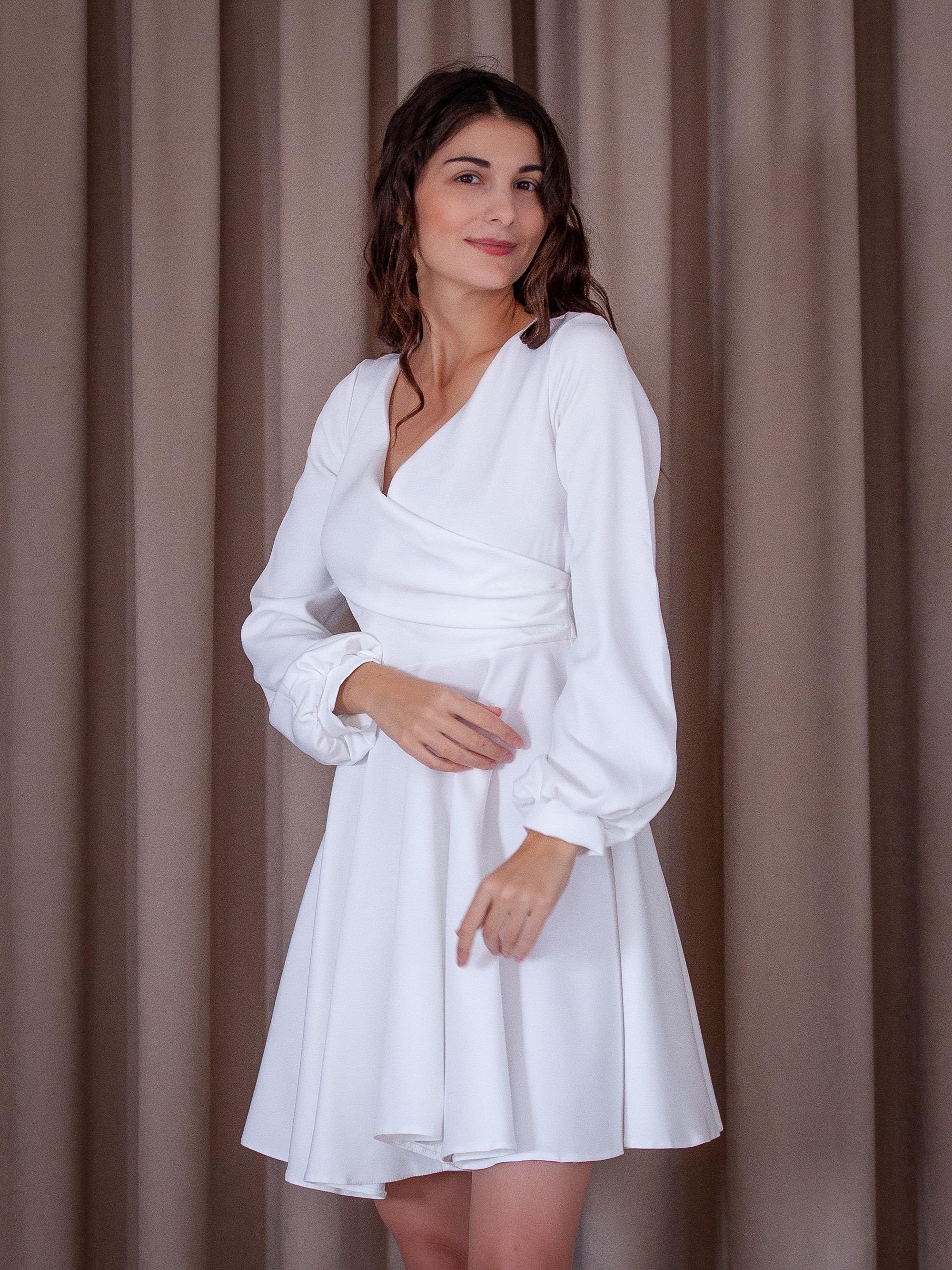 white a line dress with sleeves Long Sleeves Lace A-line Wedding Dresses, V-neck Stain Lace Wedding Dr –  ClaireBridal main image 0